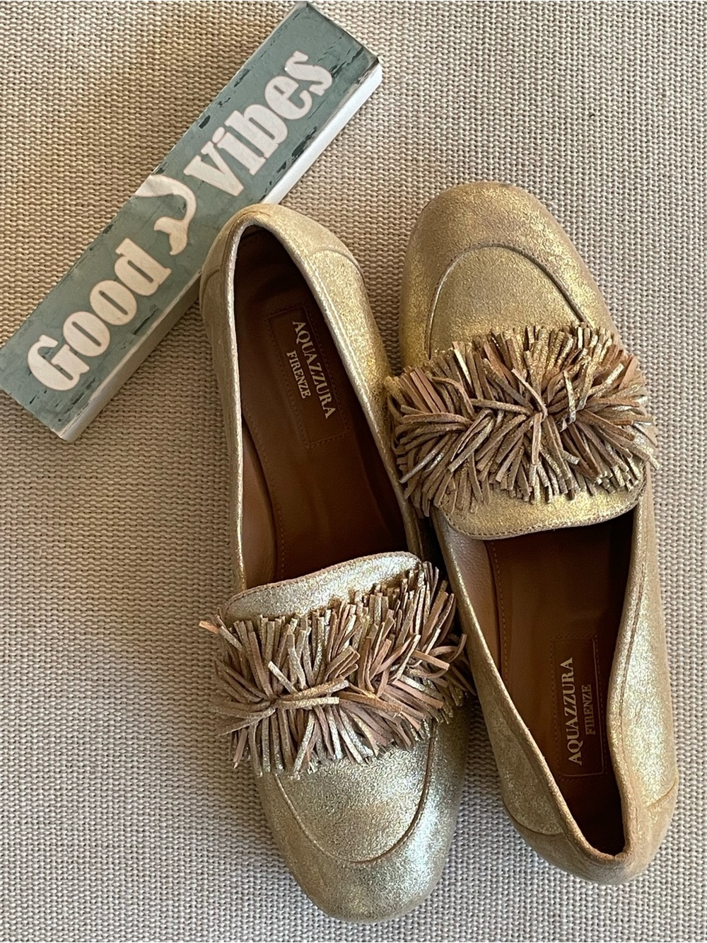Aquazzura Metallic Gold Fringe Loafers—Note Two Sizes (36/36 1/2)